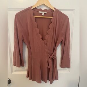 Eri + Ali Scalloped Wrap Blouse in Dusty Rose